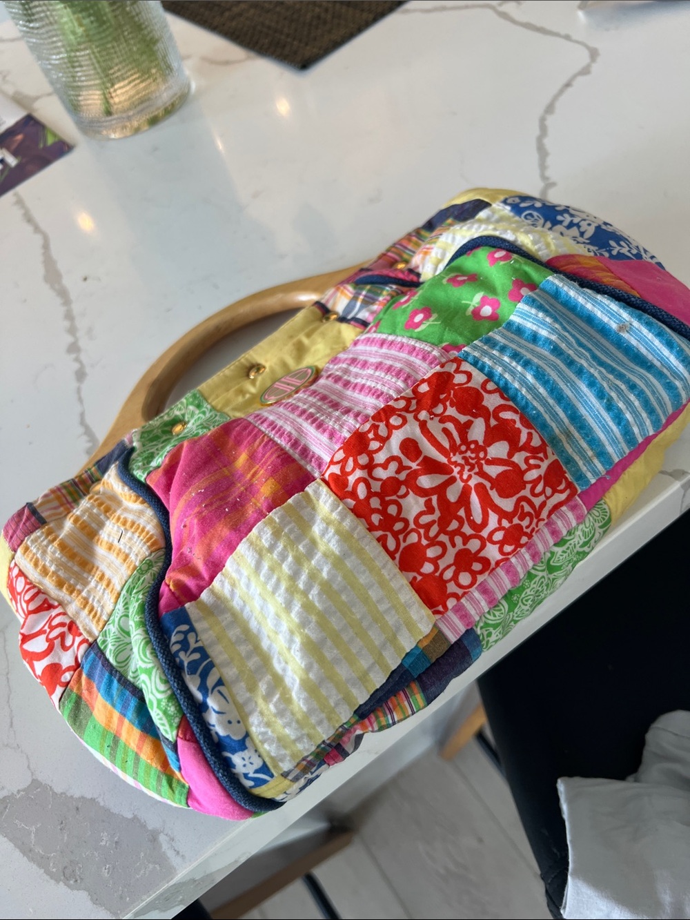 Lilly Pulitzer Multicolor Patchwork Quilted Clutch with Wooden Handle